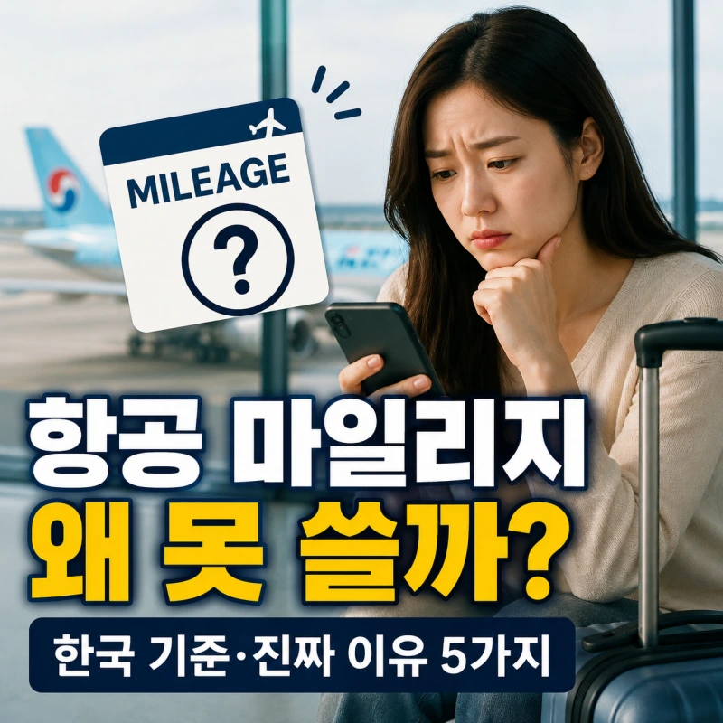 한국 항공 마일리지가 사용하기 어려운 이유를 설명하는 공항 배경의 정보형 블로그 썸네일 이미지