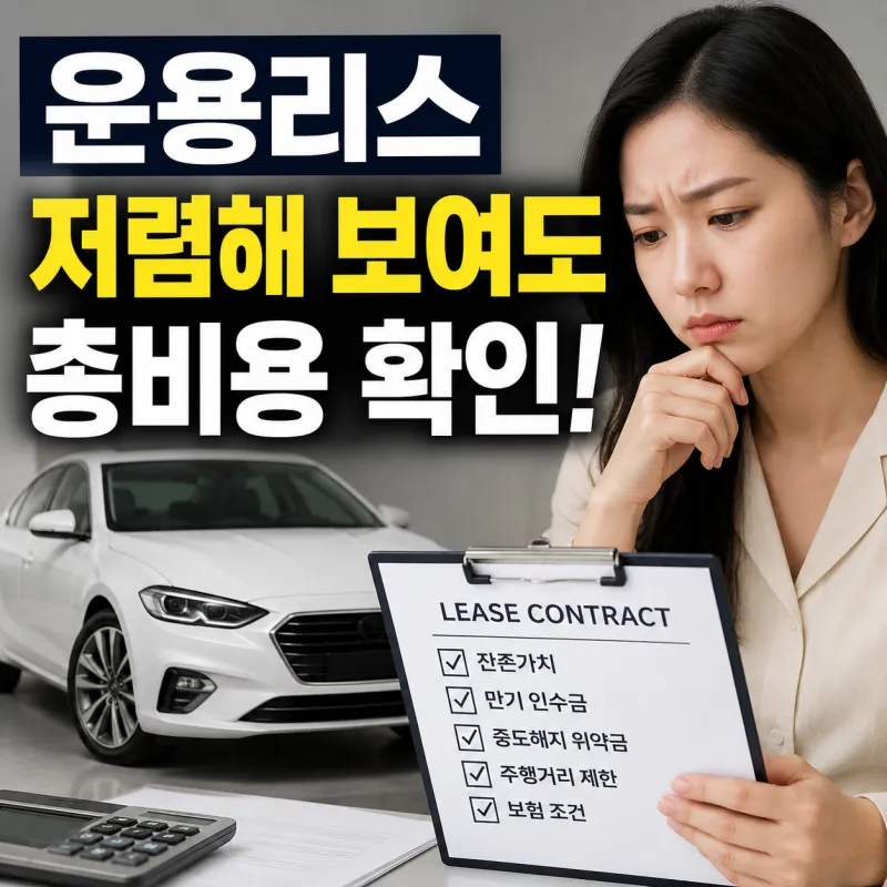 운용리스 계약서를 보며 총비용과 잔존가치를 고민하는 한국인 여성과 흰색 차량이 함께 있는 자동차 리스 경고 썸네일