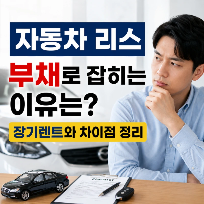자동차 리스와 장기렌트 차이를 고민하는 한국인 남성과 차량 계약서를 함께 표현한 정보형 블로그 썸네일 이미지
