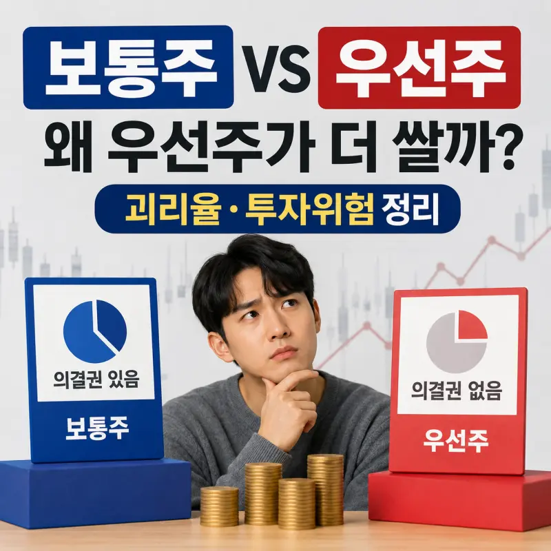 보통주와 우선주의 차이와 괴리율을 비교한 주식 투자 정보 이미지, 의결권과 배당 우선순위 차이를 시각적으로 설명하는 썸네일
