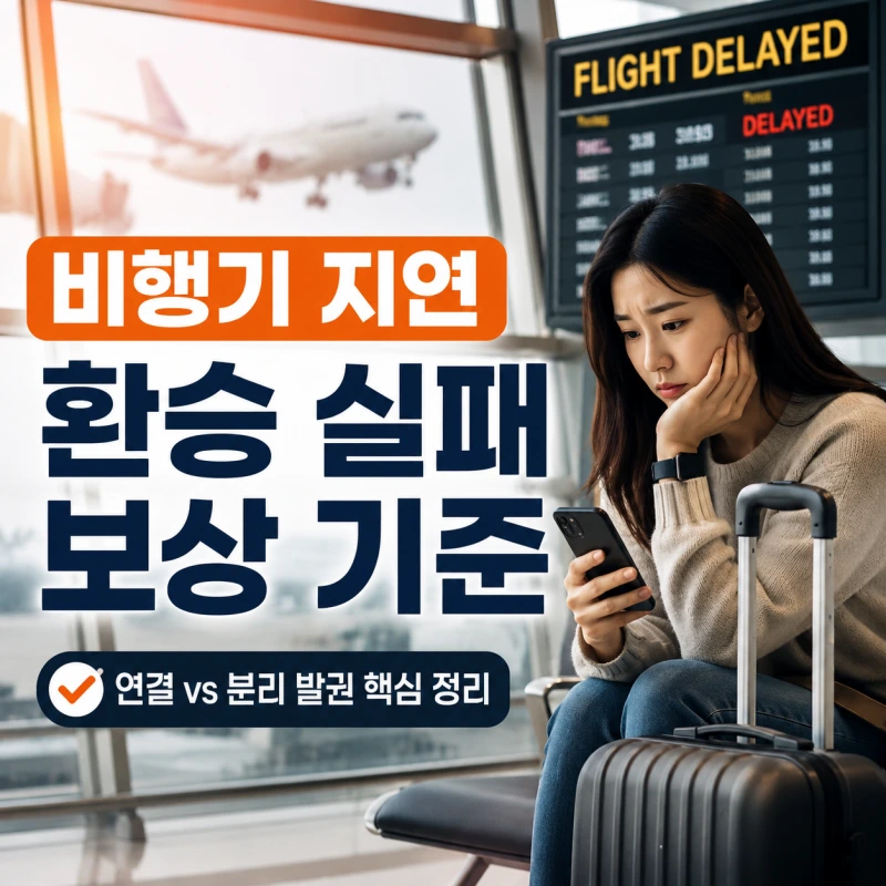 공항에서 비행기 지연으로 환승 실패 보상 여부를 확인하는 한국인 여행객 썸네일 이미지