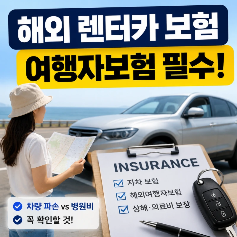 해외 렌터카 보험과 여행자보험 차이를 설명하는 정보형 블로그 대표 이미지, 한국인 여행객과 렌터카 장면 구성