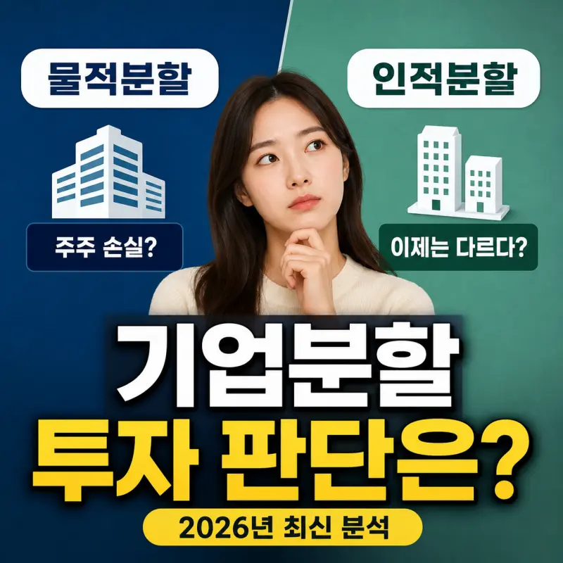 물적분할과 인적분할의 차이를 비교한 투자 분석 이미지. 2026년 기준 제도 변화와 주주 가치 영향, 기업분할 시 투자자가 확인해야 할 핵심 포인트를 정리한 썸네일.