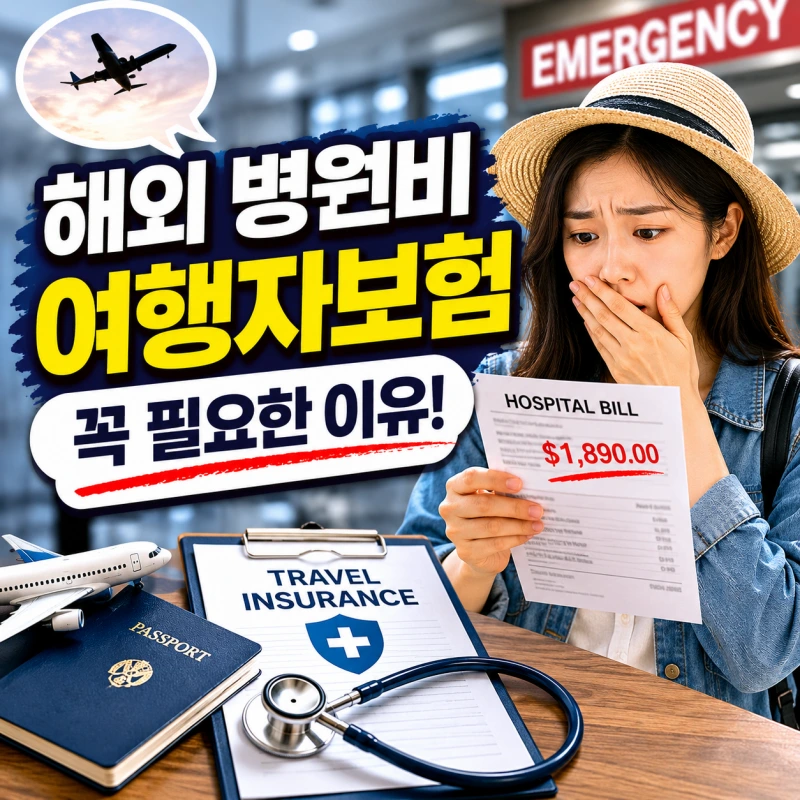 해외 병원비 청구서를 보고 놀란 한국인 여행객과 여행자보험 중요성을 강조한 워드프레스 썸네일 이미지