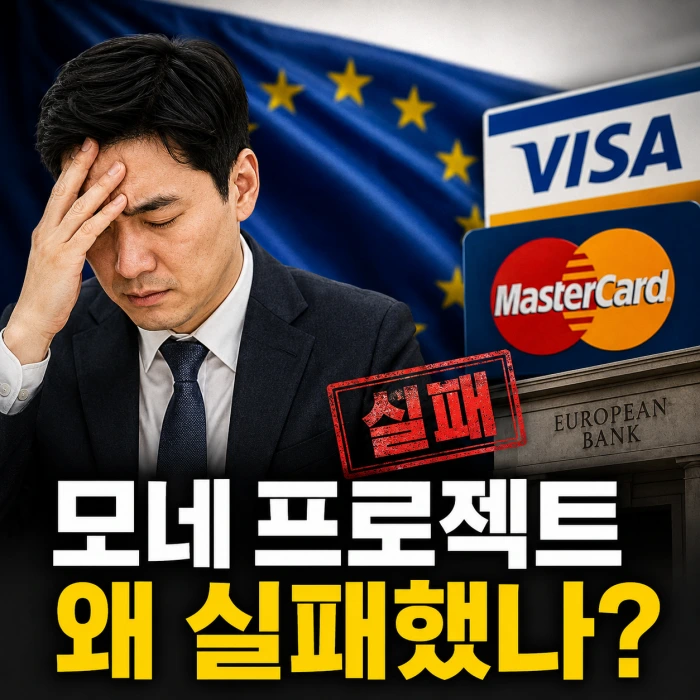 유럽 결제망 구축에 도전한 모네 프로젝트와 비자 마스터카드 독점 구조를 설명하는 이미지