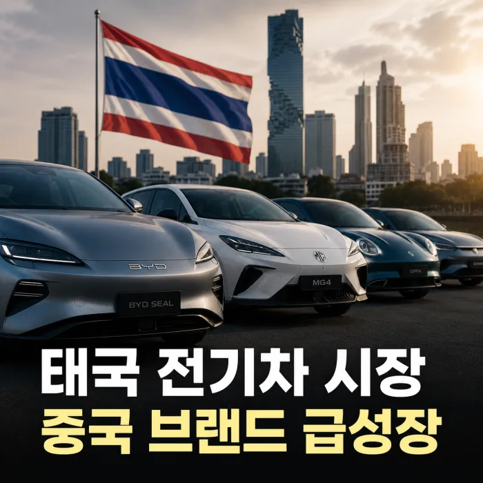 태국 자동차 시장에서 중국 전기차 브랜드와 화교 재벌 협력 구조를 설명하는 이미지