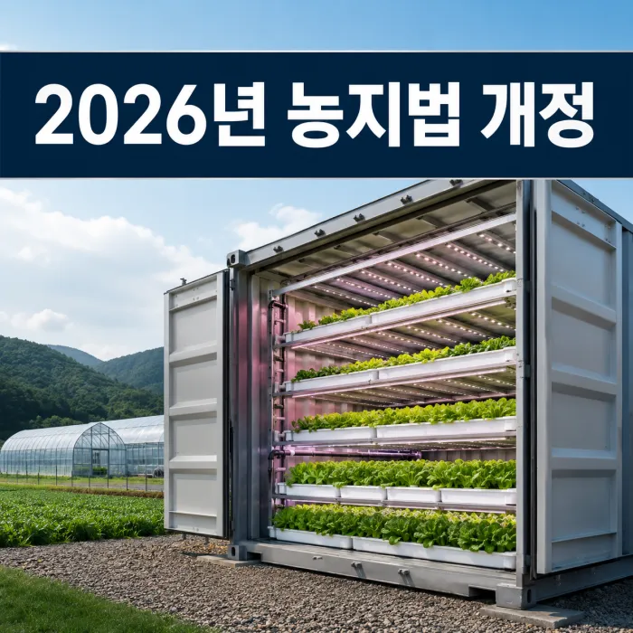 2026년 농지법 개정에 따른 스마트팜 규제 완화와 농막 단속 기준을 표현한 이미지