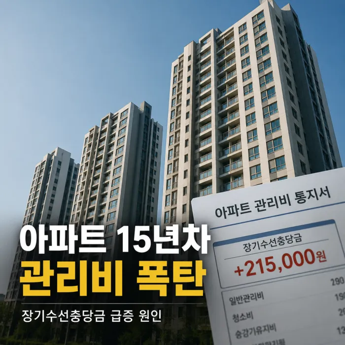 준공 15년 이후 승강기와 배관 교체로 아파트 관리비가 증가하는 원인을 나타낸 이미지