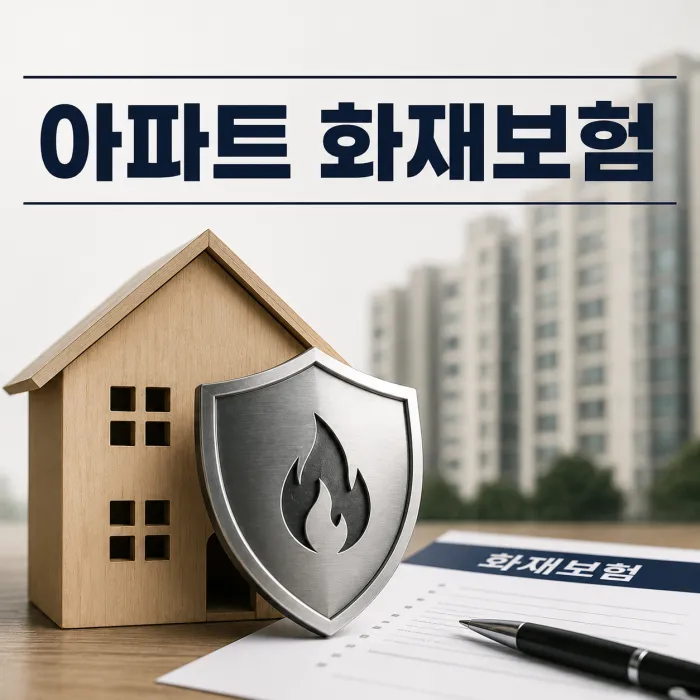 아파트 모형과 보험 서류를 배경으로 아파트 화재보험과 화재배상책임의 필요성을 보여주는 이미지
