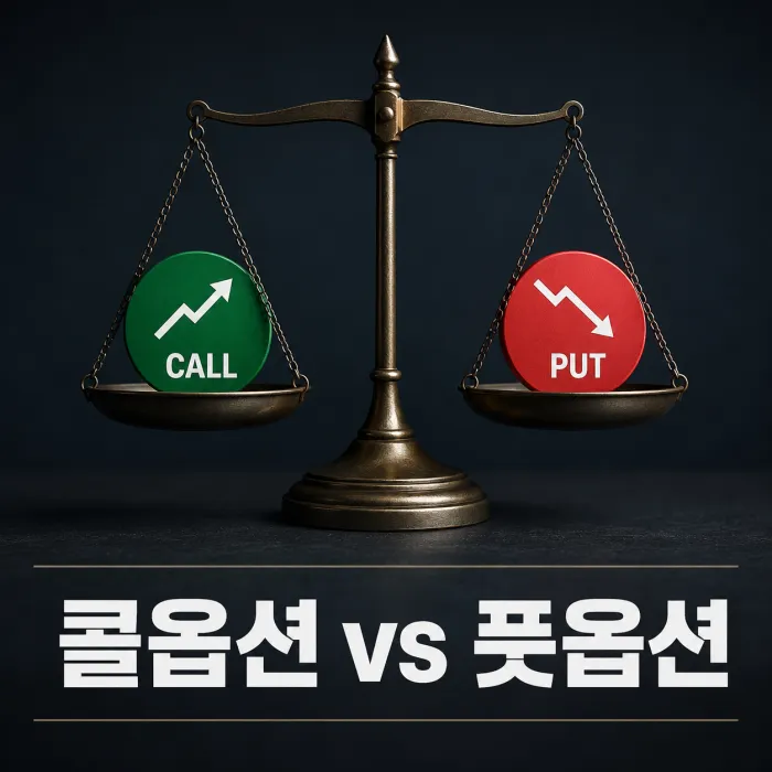 콜옵션과 풋옵션의 손익 구조를 비교한 옵션 투자 설명 이미지