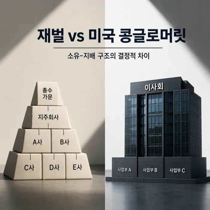 한국 재벌과 미국 콩글로머릿의 소유 구조와 자본 배분 방식 비교