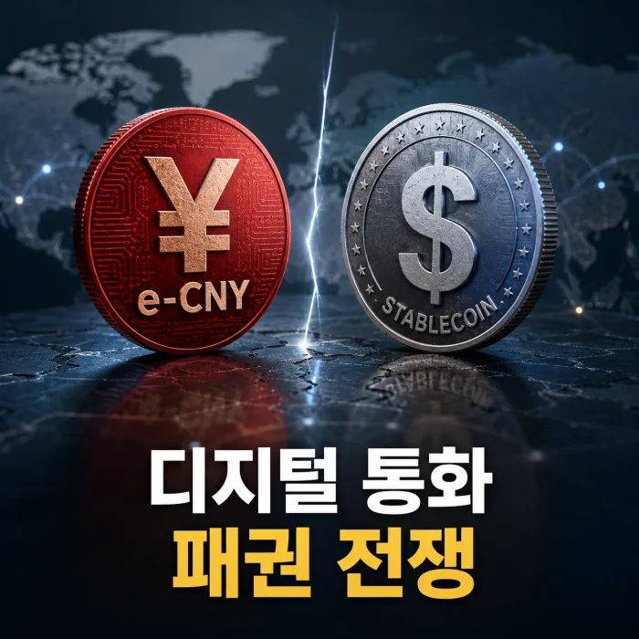 중국 디지털 위안화와 미국 국채 기반 달러 스테이블코인의 결제망 경쟁을 표현한 이미지
