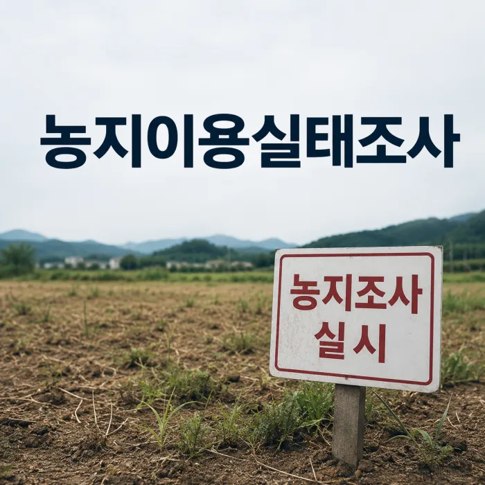 잡초가 자란 농지를 점검하는 조사원과 농지이용실태조사 핵심 안내 이미지