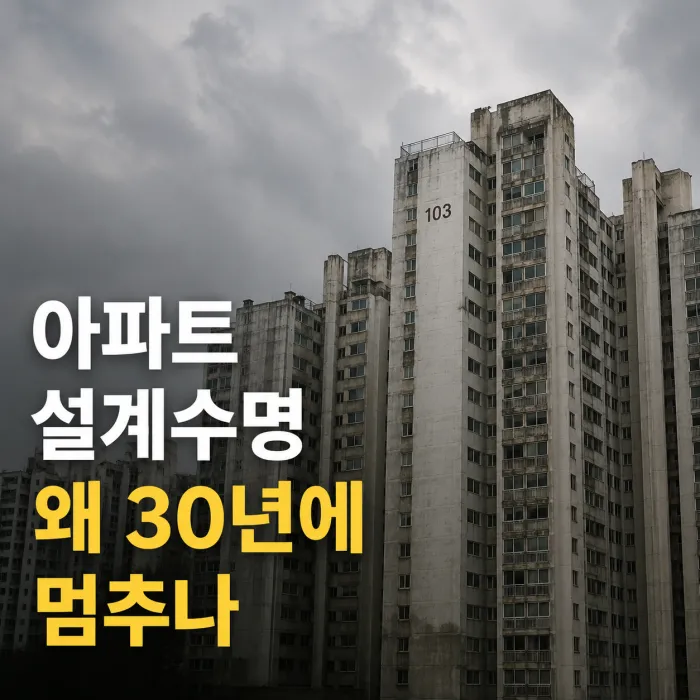 노후 고층 아파트와 배관 구조를 통해 아파트 설계수명과 실제 수명 차이를 표현한 이미지