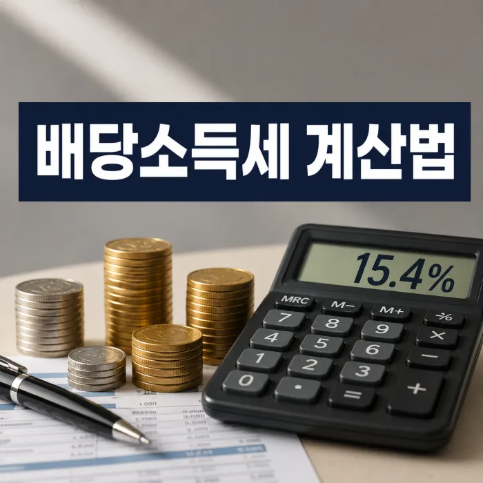 계산기와 배당금 자료를 배경으로 국내주식 배당소득세 15.4%와 세후 배당금 계산법을 보여주는 이미지