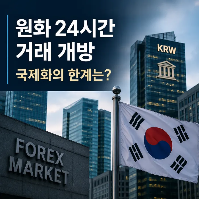 원화 24시간 거래 개방 이후 외환시장 변화와 원화 국제화 한계를 나타낸 이미지