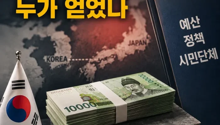 대일 갈등 이후 정치적 효과와 소재 부품 장비 예산 및 시민단체 구조를 분석한 이미지