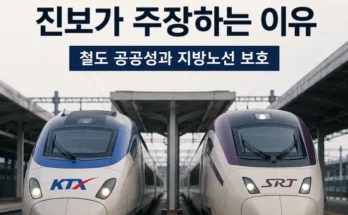KTX와 SRT 통합 및 코레일 SR 분리 운영 논쟁을 설명하는 이미지