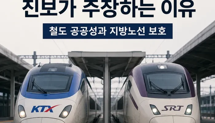 KTX와 SRT 통합 및 코레일 SR 분리 운영 논쟁을 설명하는 이미지