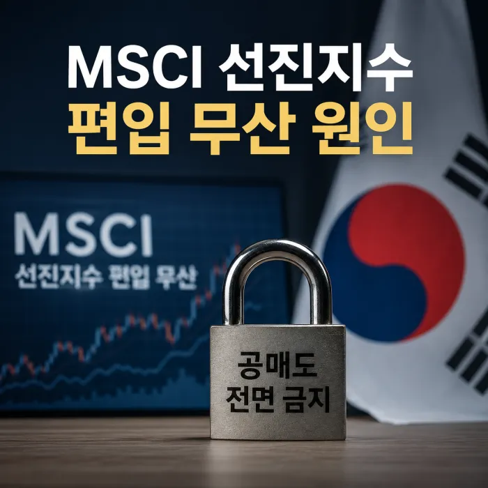 MSCI 선진지수 편입 무산과 한국 공매도 전면 금지의 관계를 나타낸 금융시장 이미지