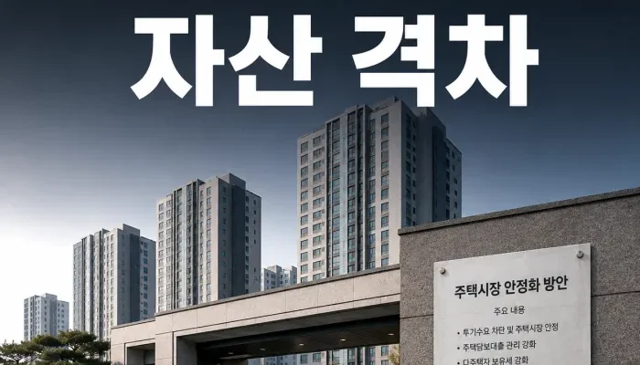 부동산 규제 정책과 기존 자산가 및 무주택자의 자산 격차를 표현한 이미지