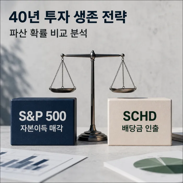 S&P 500 매각 방식과 SCHD 배당 인출 방식의 40년 은퇴자금 파산 확률 비교
