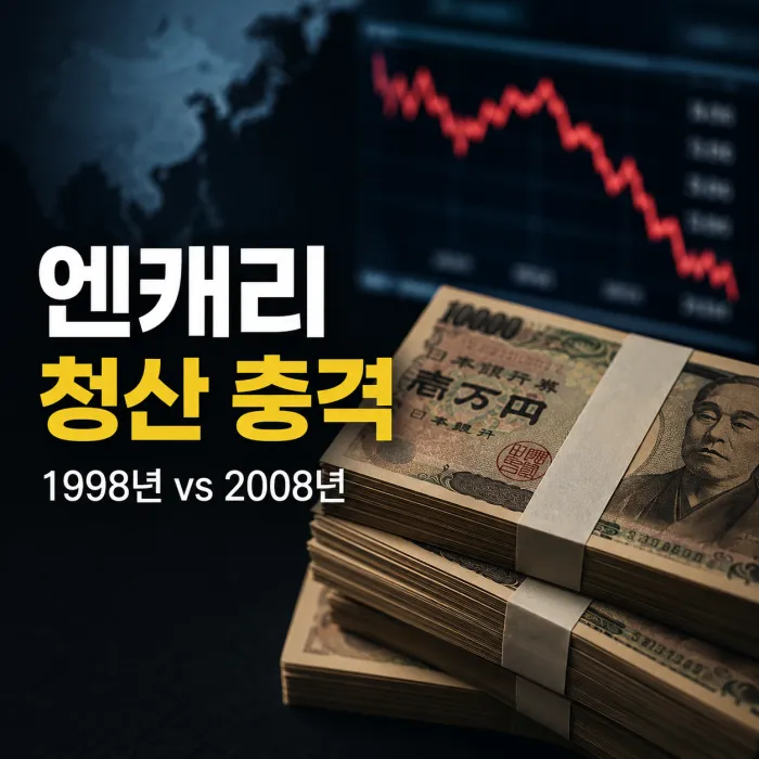 1998년 LTCM 사태와 2008년 금융위기 당시 엔캐리 트레이드 청산 및 한국 환율과 코스피 변동 비교