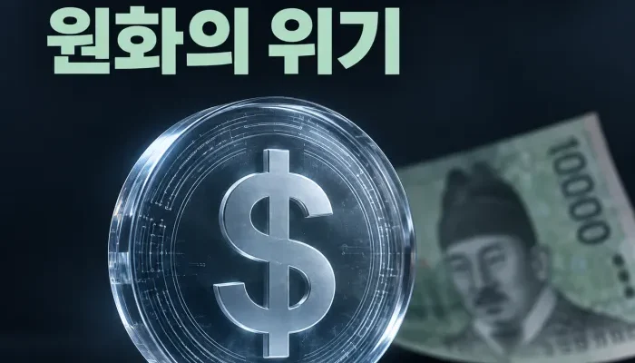 원화는 생활비 결제에 남고 달러 스테이블코인은 자산 저장 수단으로 이동하는 모습을 표현한 금융 이미지