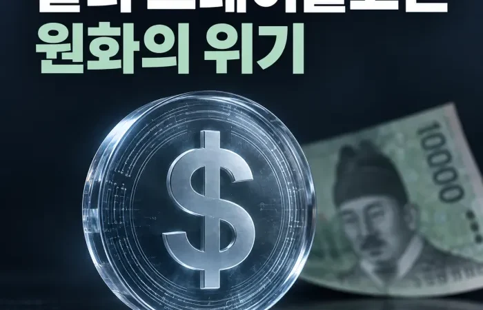 원화는 생활비 결제에 남고 달러 스테이블코인은 자산 저장 수단으로 이동하는 모습을 표현한 금융 이미지