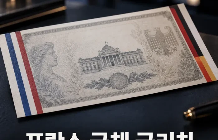 프랑스와 독일 국기를 배경으로 10년물 국채 금리차 상승 그래프를 확인하는 금융 화면