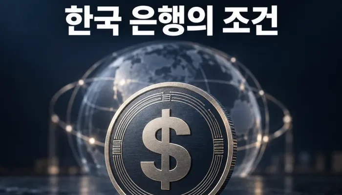 달러 기호가 표시된 디지털 결제망 앞에서 한국 원화와 미국 달러의 연결 구조를 비교하는 금융 인포그래픽