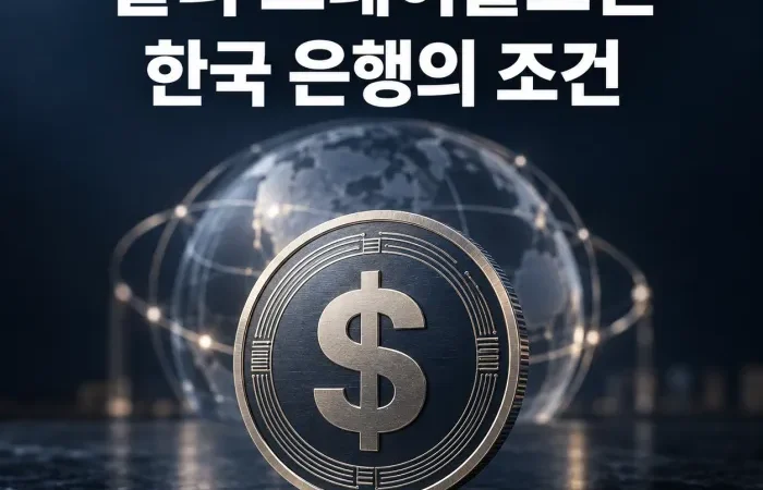 달러 기호가 표시된 디지털 결제망 앞에서 한국 원화와 미국 달러의 연결 구조를 비교하는 금융 인포그래픽