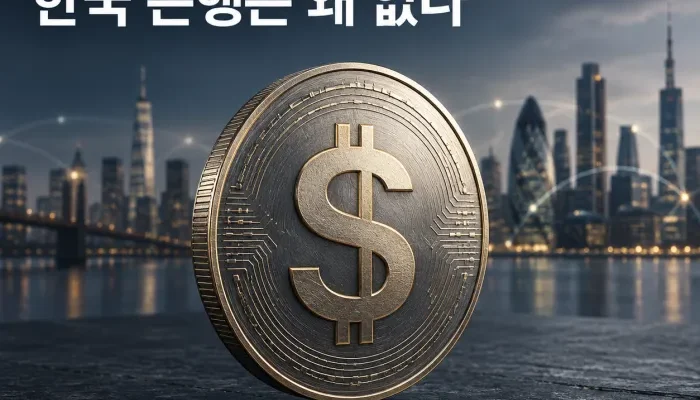 세계 지도와 달러 기호, 은행 건물이 배치된 글로벌 스테이블코인 컨소시엄 개념 이미지