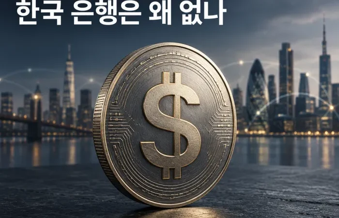 세계 지도와 달러 기호, 은행 건물이 배치된 글로벌 스테이블코인 컨소시엄 개념 이미지