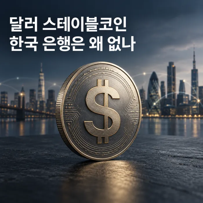 세계 지도와 달러 기호, 은행 건물이 배치된 글로벌 스테이블코인 컨소시엄 개념 이미지
