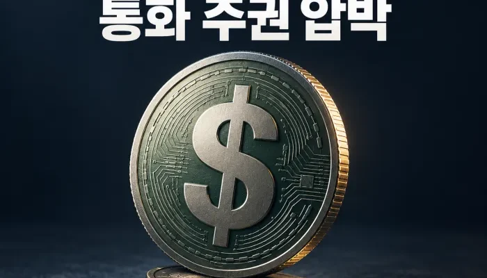 달러 스테이블코인이 확대되면서 비 기축통화국 통화 가치와 중앙은행의 통화 주권이 약해지는 모습을 표현한 이미지