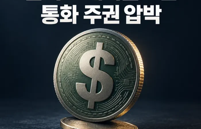 달러 스테이블코인이 확대되면서 비 기축통화국 통화 가치와 중앙은행의 통화 주권이 약해지는 모습을 표현한 이미지