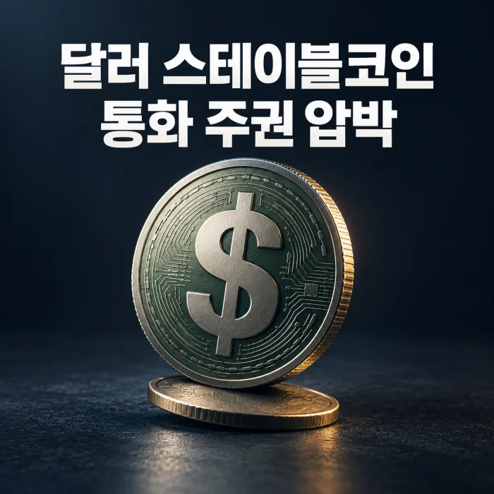 달러 스테이블코인이 확대되면서 비 기축통화국 통화 가치와 중앙은행의 통화 주권이 약해지는 모습을 표현한 이미지